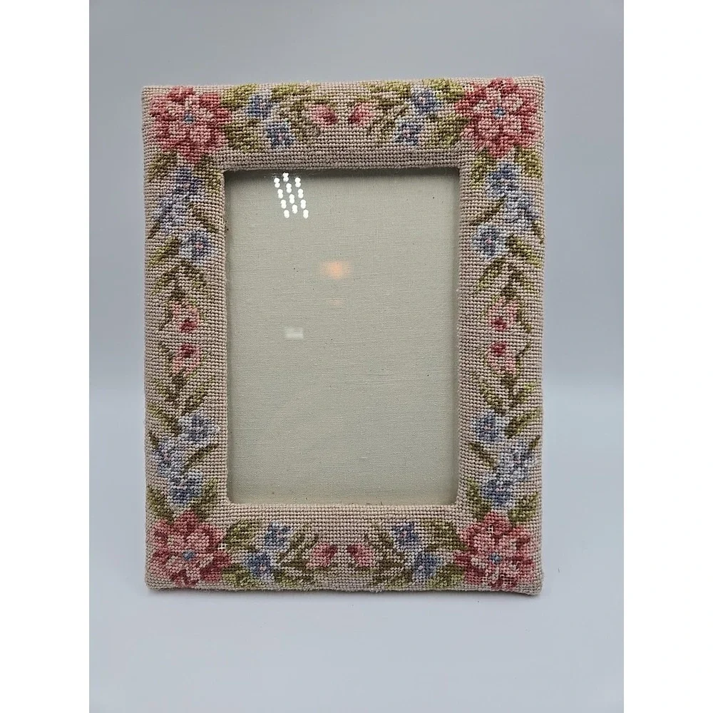 1991 Vintage Needlepoint Embroidered Floral Wool Picture Frame Cottagecore